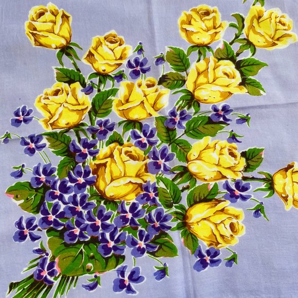 Vintage MCM Handkerchief Floral Bouquet Purple Violets Yellow Roses Rolled Edge - Picture 6 of 7